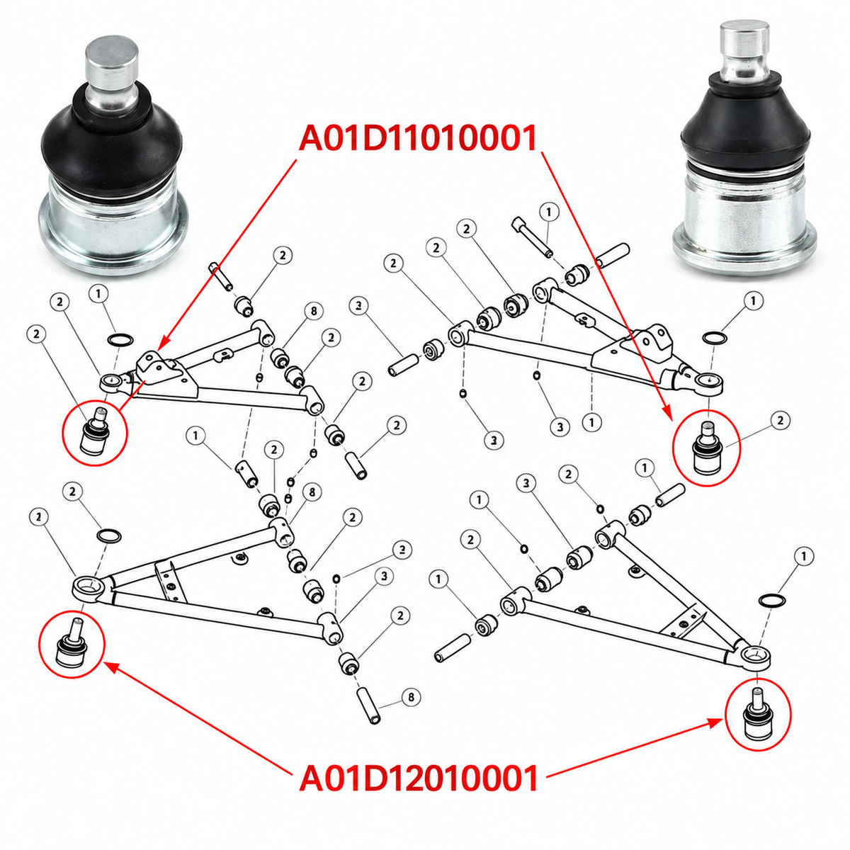 Pivô Superior e Inferior da Suspenção (04 Peças) Quadriciclos Atvs Snarler AT6 L 570 Segway