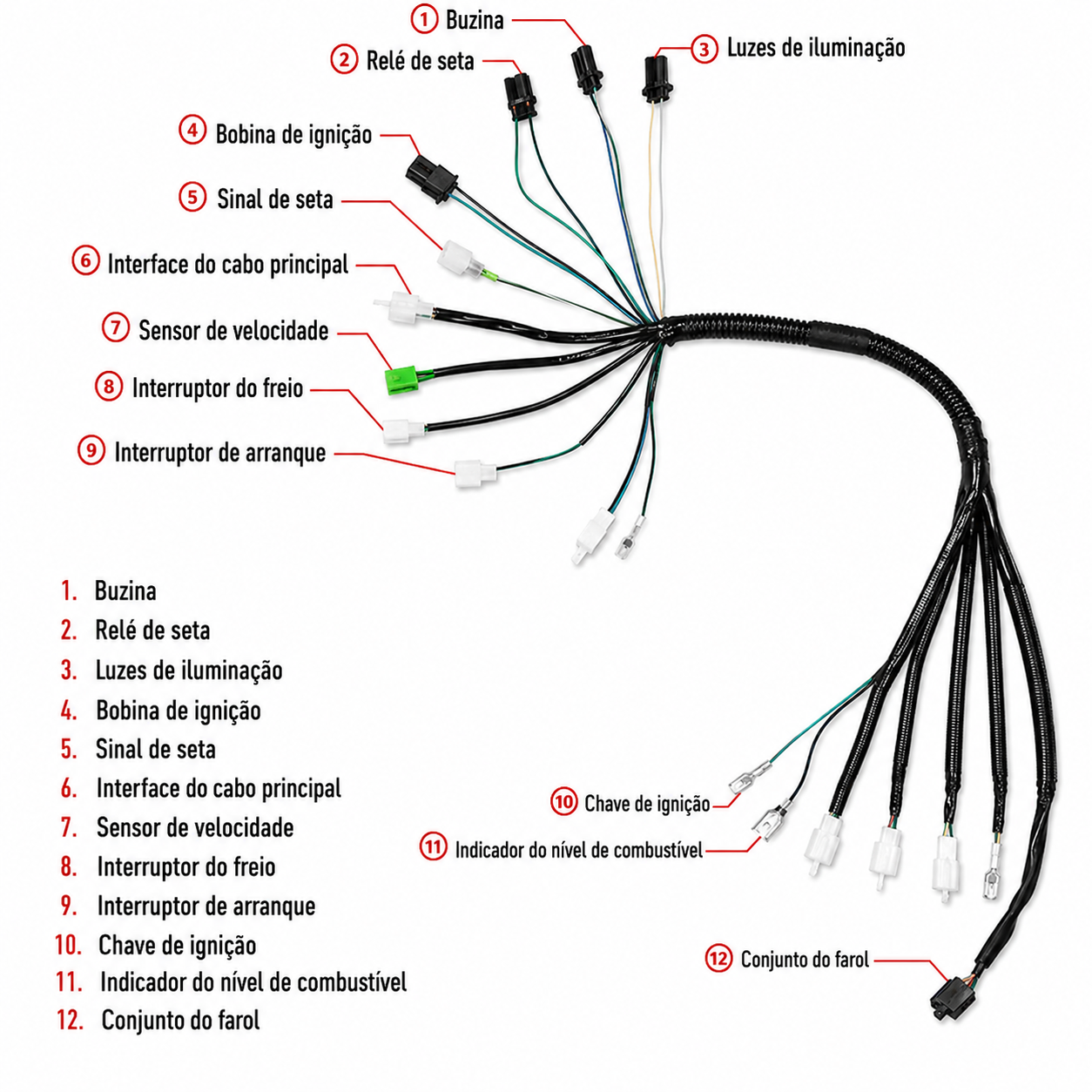 Fiação (Chicote) Completo Para Scooters 50cc 4T Compatível com Motores GY6 139QMA/139QMB