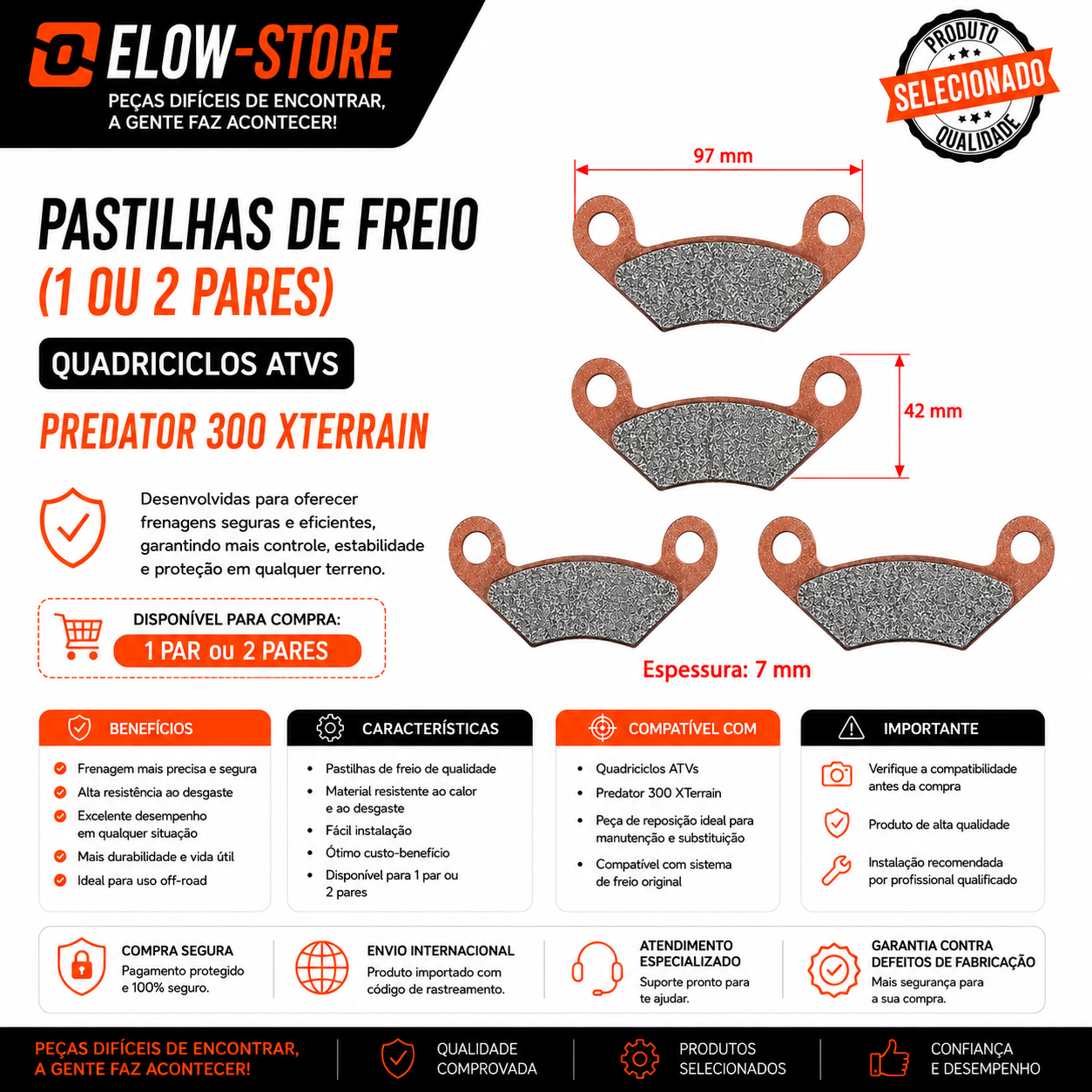 Pastilhas de Freio (1 ou 2 Pares) Quadriciclos Atvs Predator 300 XTerrain