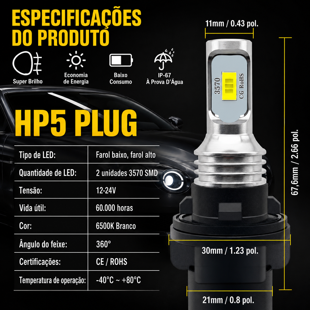 Lâmpada de LED HP5 (2 Peças) Quadriciclos Atvs TRX 350/420/500 Honda