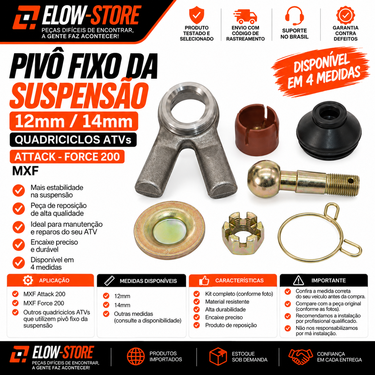 Pivô Fixo da Suspensão 12mm/ 14mm Quadriciclos Atvs Attack - Force 200 MXF