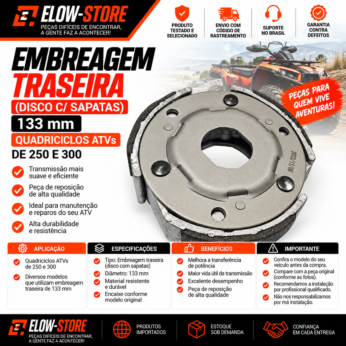 Embreagem Tras. (Disco C/ Sapatas) 133mm Quadriciclos Atvs De 250 E 300