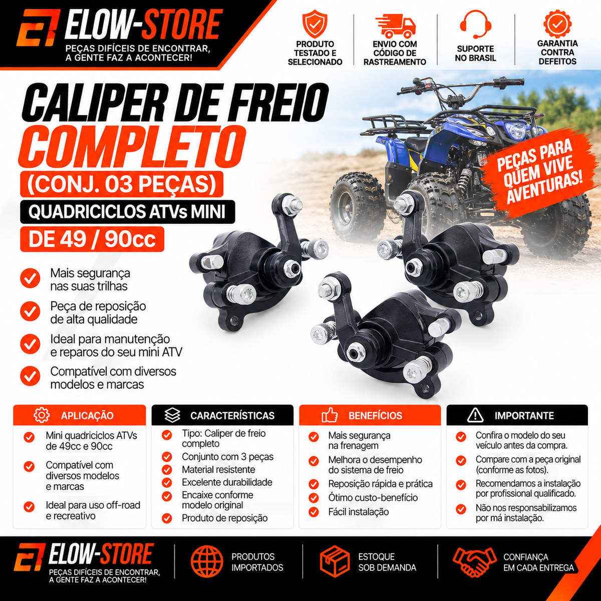 Caliper de Freio Completo (Conj. 03 Peças) Quadriciclos Atvs Mini de 49/ 90cc