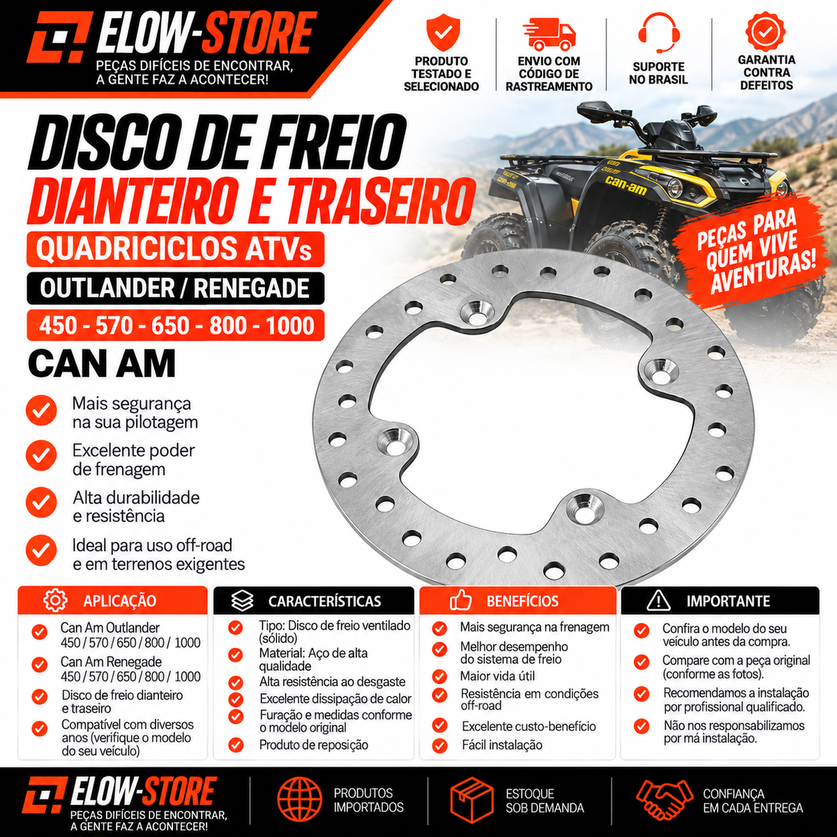 Disco de Freio Dianteiro e Traseiro Quadriciclos Atvs Outlander/ Renegade 450-570-650-800-1000 Can Am