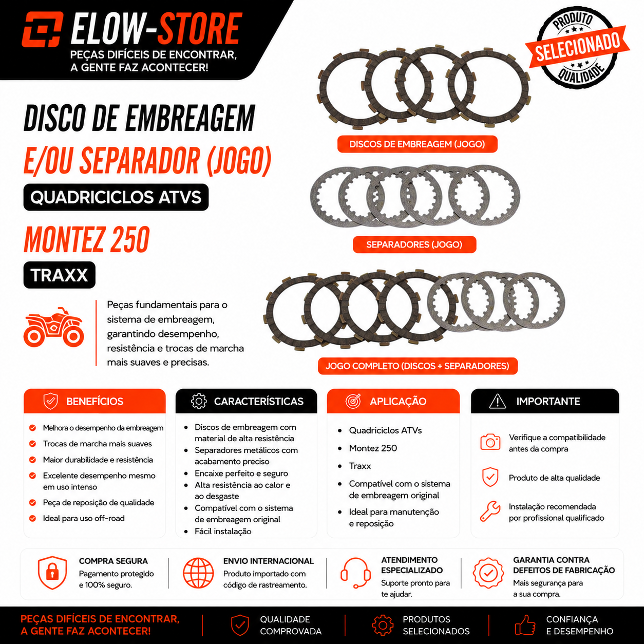 Disco de Embreagem e ou Separador (Jogo) Quadriciclos Atvs Montez 250 Traxx