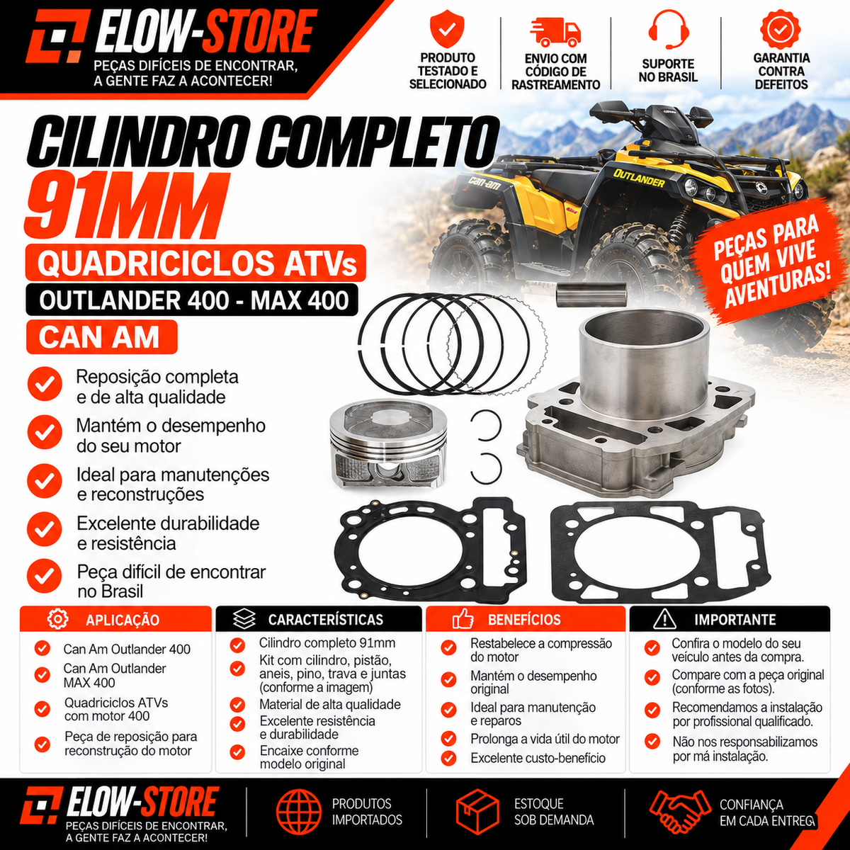 Cilindro Completo 91mm Quadriciclos Atvs Outlander 400-Max 400 Can-Am