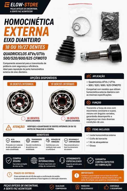 Homocinética Externa Eixo Dianteiro 18 ou 19/27 Dentes Quadriciclos Atvs/ Utvs 500/520/600/625 CFmoto