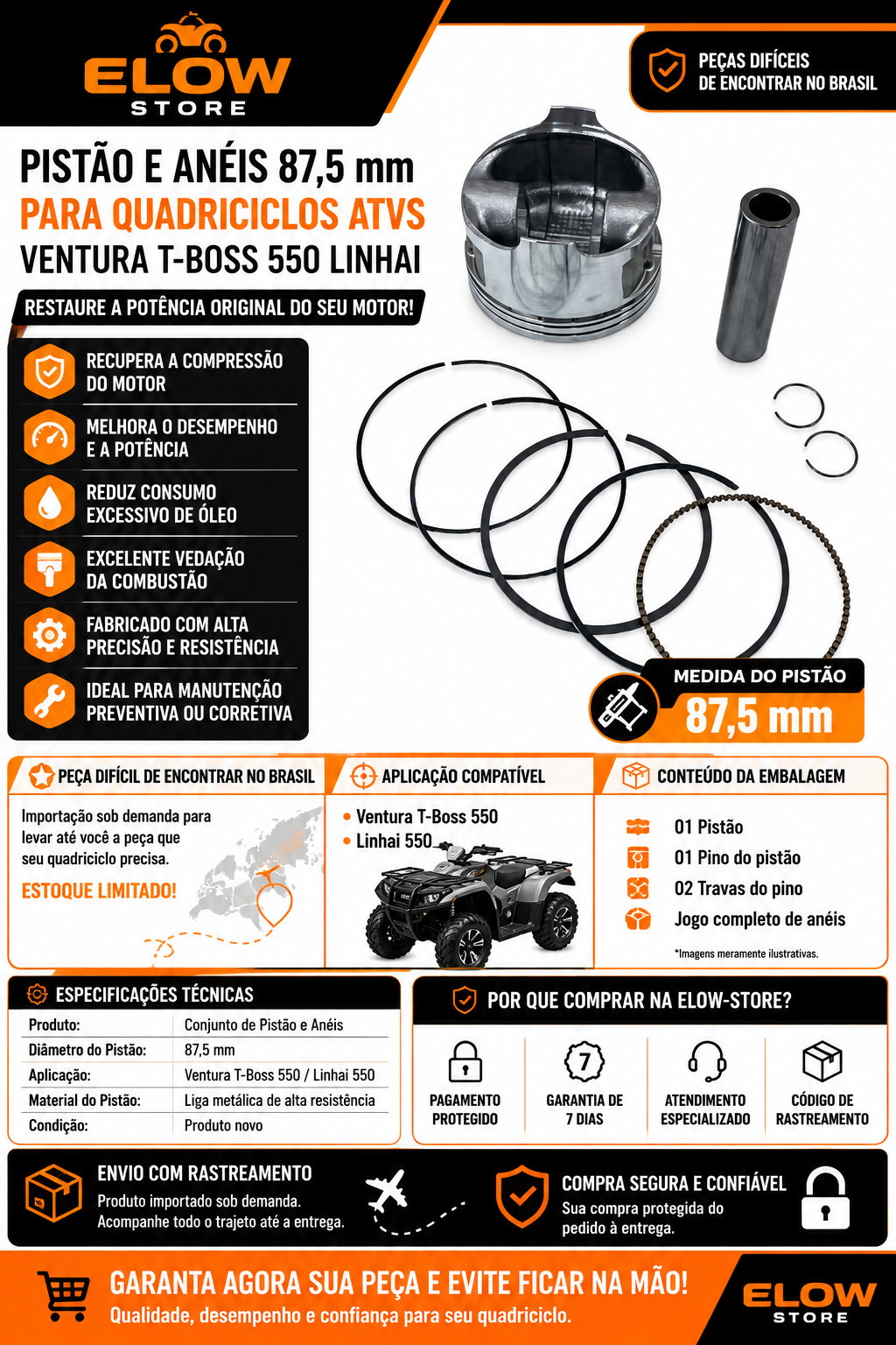 Pistão e Anéis Quadriciclos Atvs Ventura T-Boss 550 Linhai