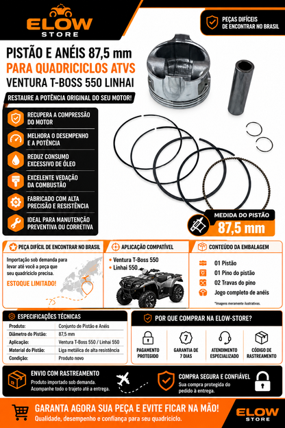 Pistão e Anéis Quadriciclos Atvs Ventura T-Boss 550 Linhai
