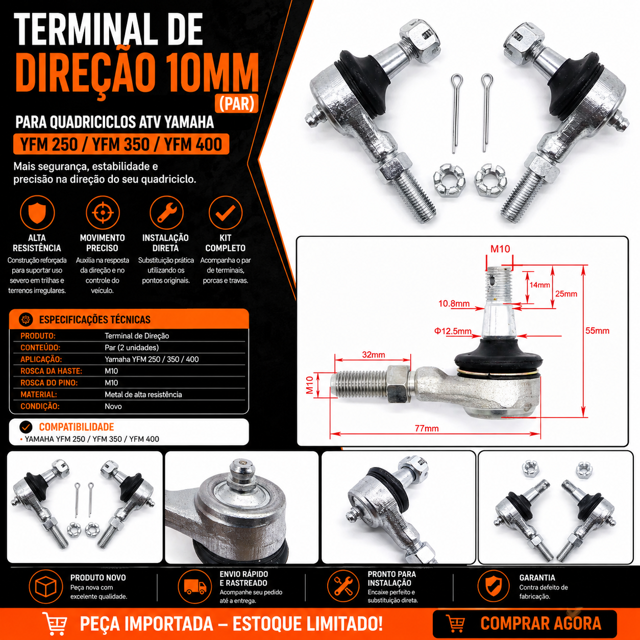 Terminal Direção 10mm (Par) Quadriciclos Atvs YFM 250/ 350/ 400 Yamaha