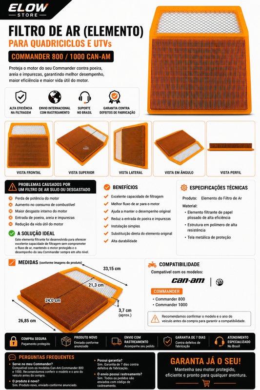 Filtro de Ar (Elemento) Quadriciclos Atvs/ Utvs Commander 800/ 1000 Can Am