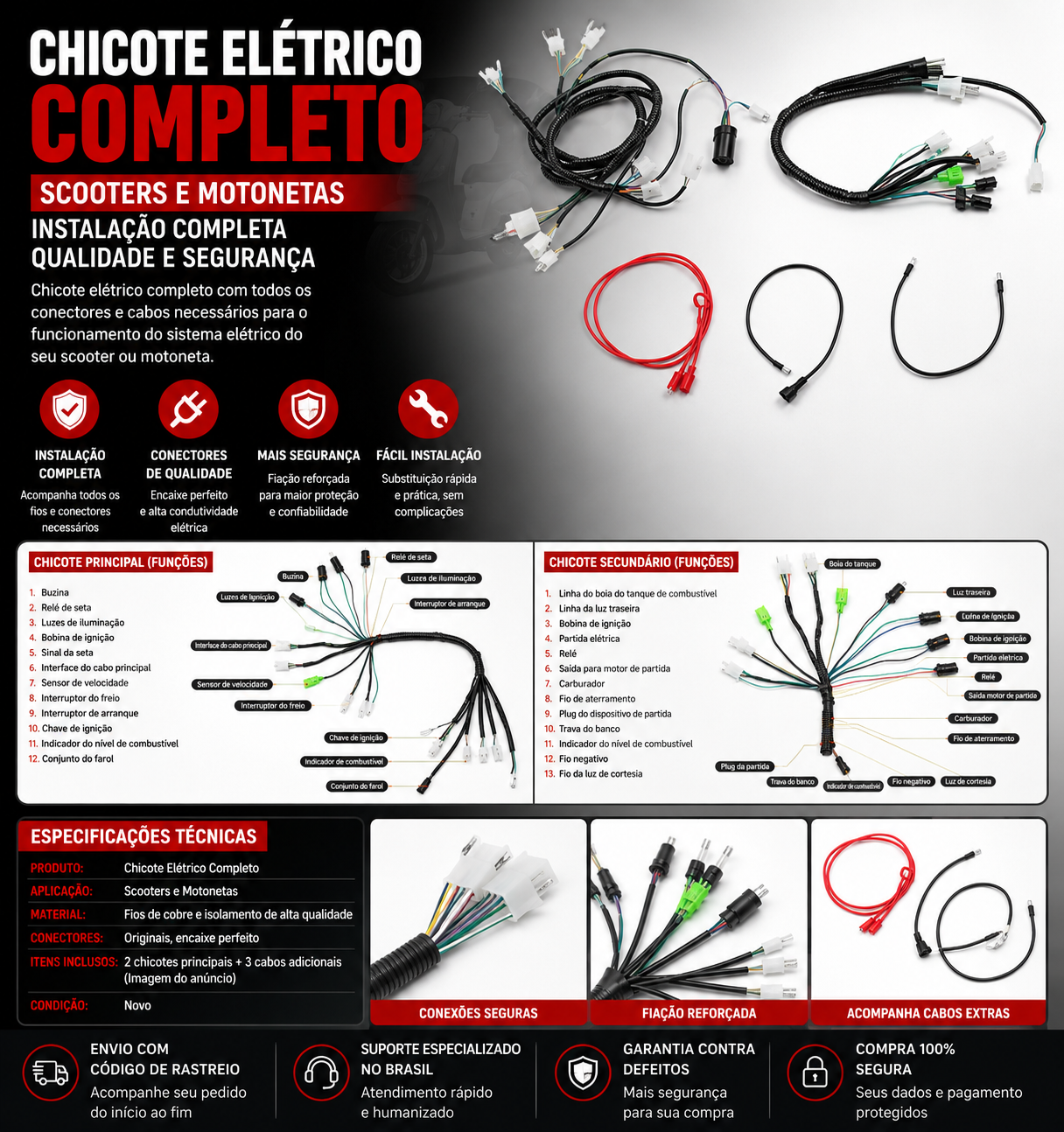 Fiação (Chicote) Completo Para Scooters 50cc 4T Compatível com Motores GY6 139QMA/139QMB