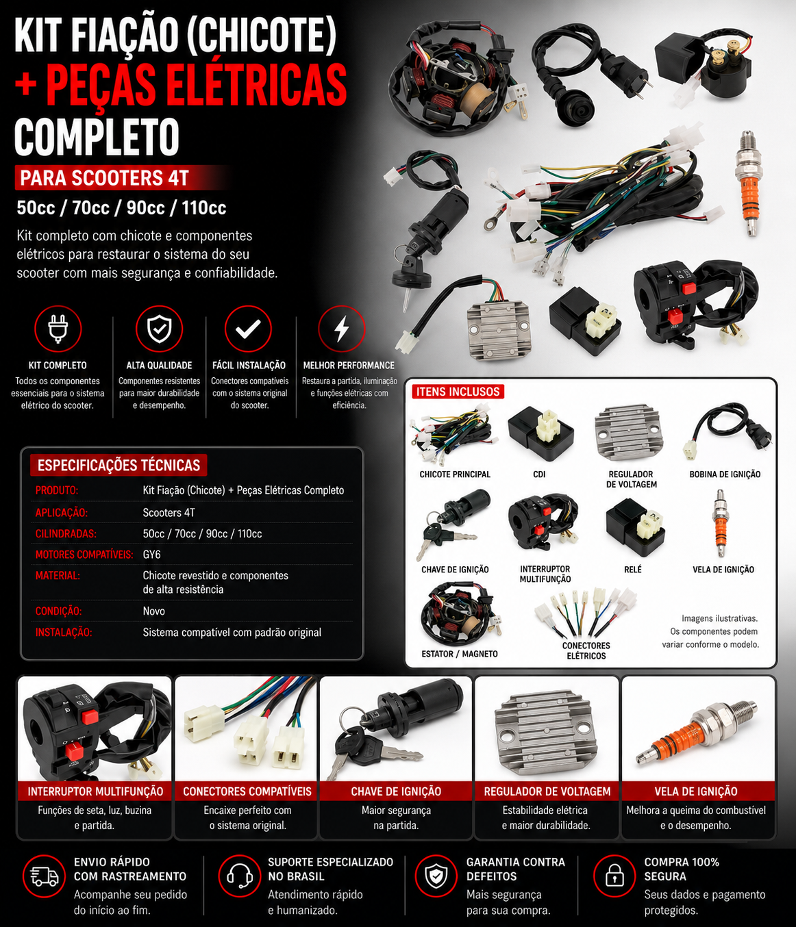 Kit Fiação (Chicote) Mais Peças Elétricas Completo Para Scooters 4T de 50/70/90/110cc