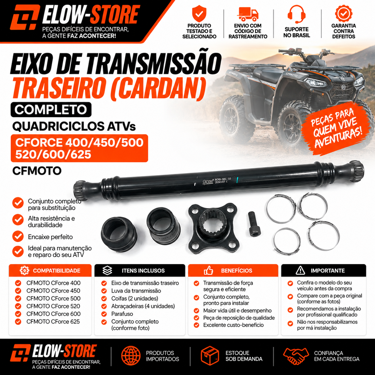 Eixo de Transmissão Traseiro (Cardan) Completo Quadriciclos Atvs CForce 400/450/500/520/600/625 CFmoto