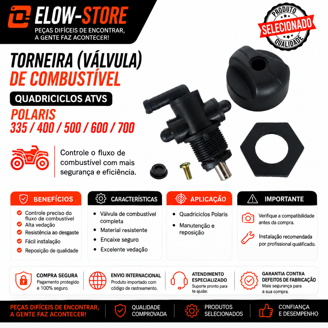 Torneira (Válvula) de Combustível Quadriciclos Atvs 335/400/500/600/700 Polaris