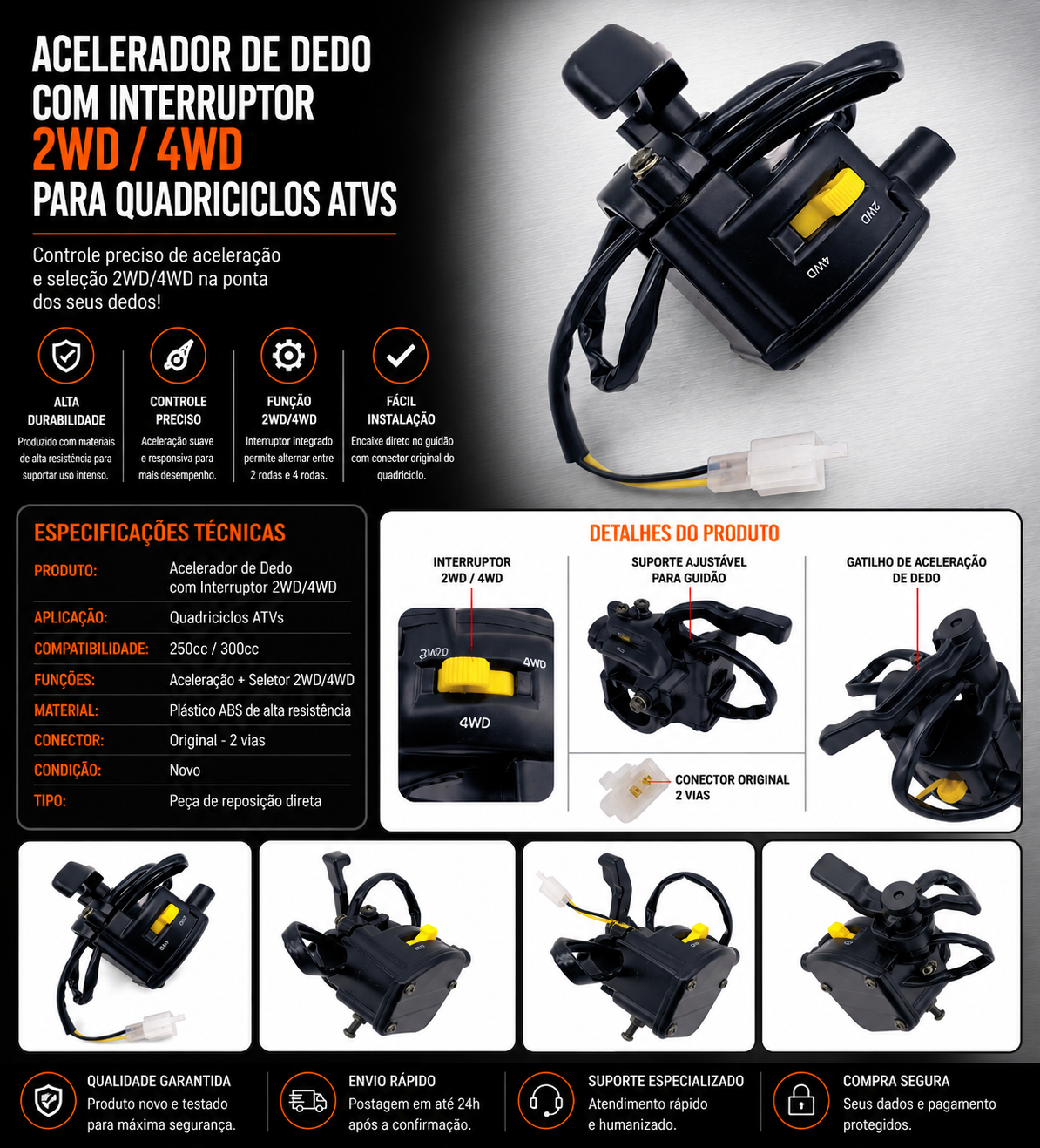 Acelerador De Dedo C/ Interruptor 2wd/4wd Quadriciclos Atvs 250/300cc