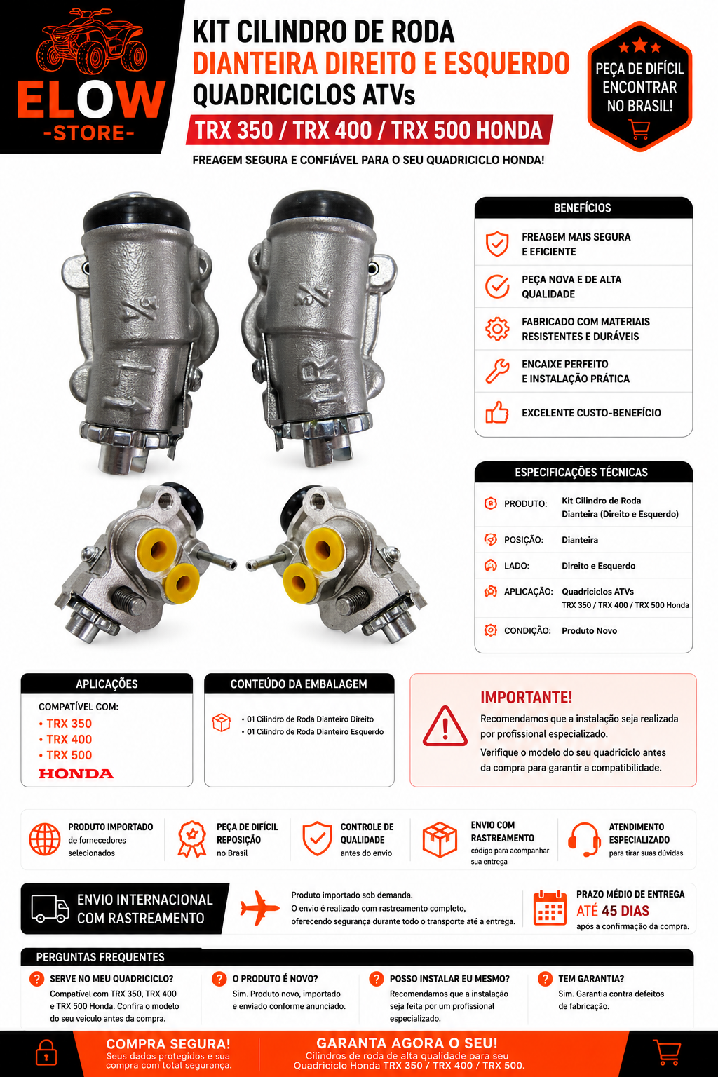 Kit Cilindro de Roda Dianteira Direito e Esquerdo Quadriciclos Atvs  TRX 350/ TRX 400/ TRX 500 Honda