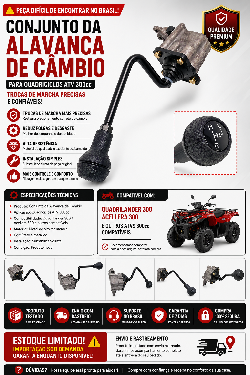 Conjunto da Alavanca do Cambio Quadriciclos Atvs Quadrilander 300 Acellera