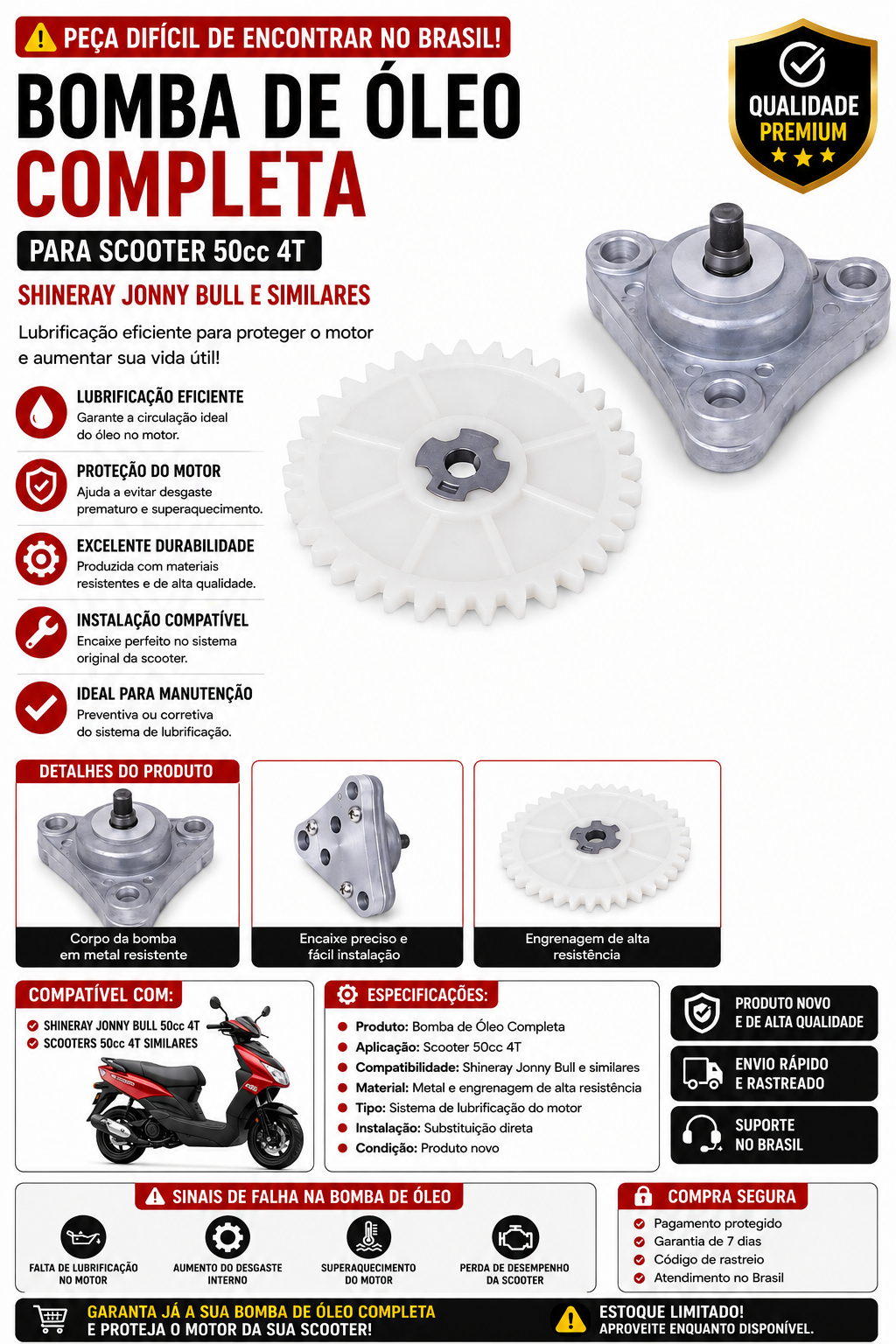 Bomba de Óleo Completa para Scooter 50cc 4T Shineray Jonny Bull e Similares