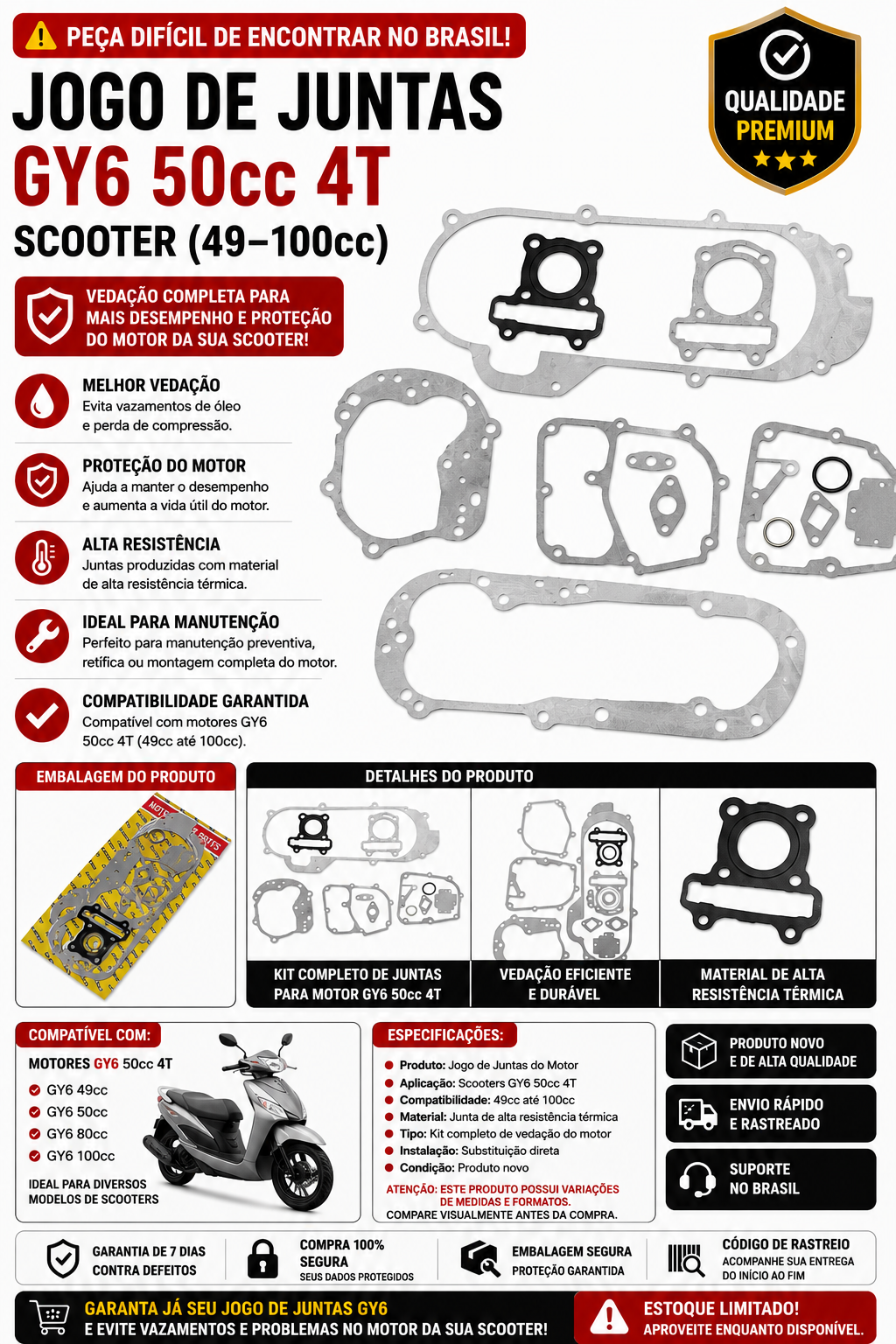 Jogo de Juntas GY6 50cc 4T Scooter (49–100cc)