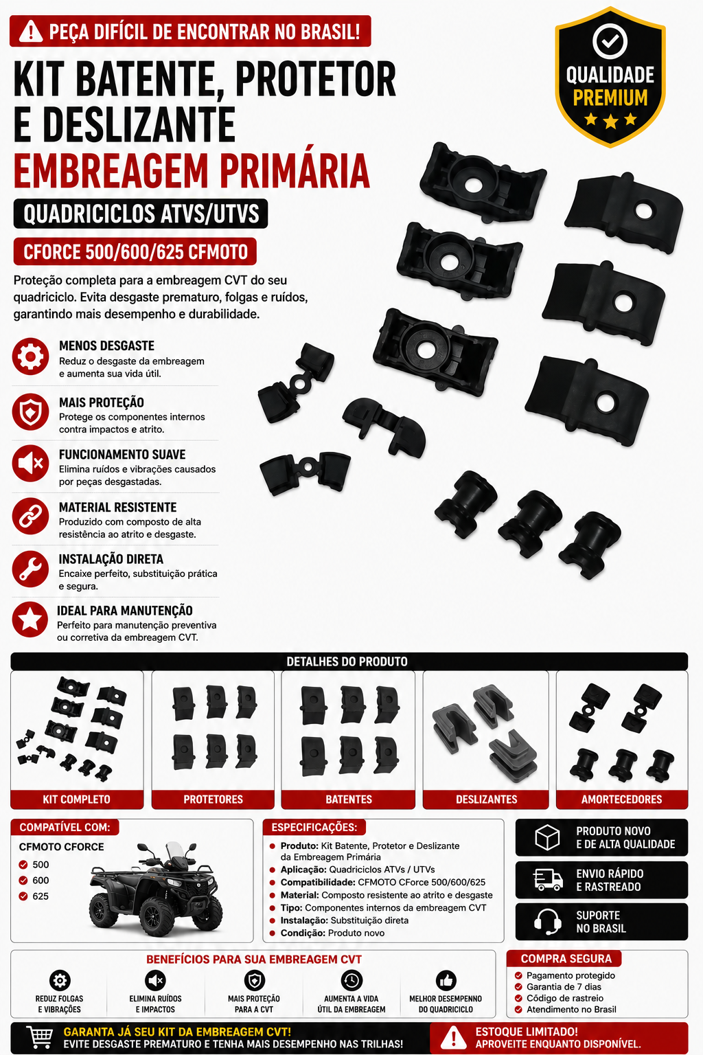 Kit Batente, Protetor E Deslizante Embreagem Primaria Quadriciclos Atvs/Utvs Cforce 500/600/625 Cfmoto
