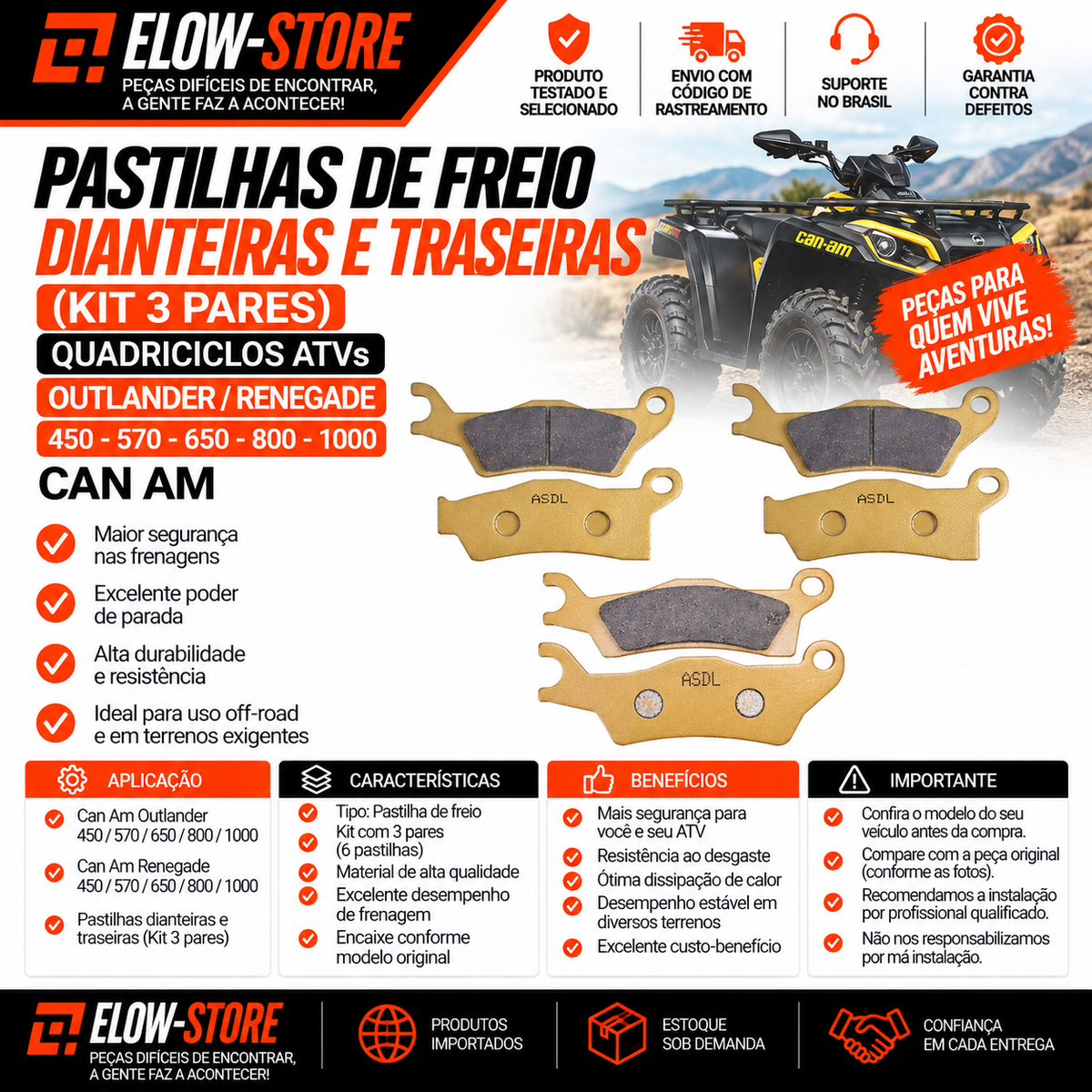 Pastilhas de Freio Dianteiras e Traseiras (kit 3 Pares) Quadriciclos Atvs Outlander/ Renegade 450-570-650-800-1000 Can Am