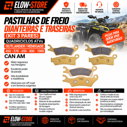 Pastilhas de Freio Dianteiras e Traseiras (kit 3 Pares) Quadriciclos Atvs Outlander/ Renegade 450-570-650-800-1000 Can Am