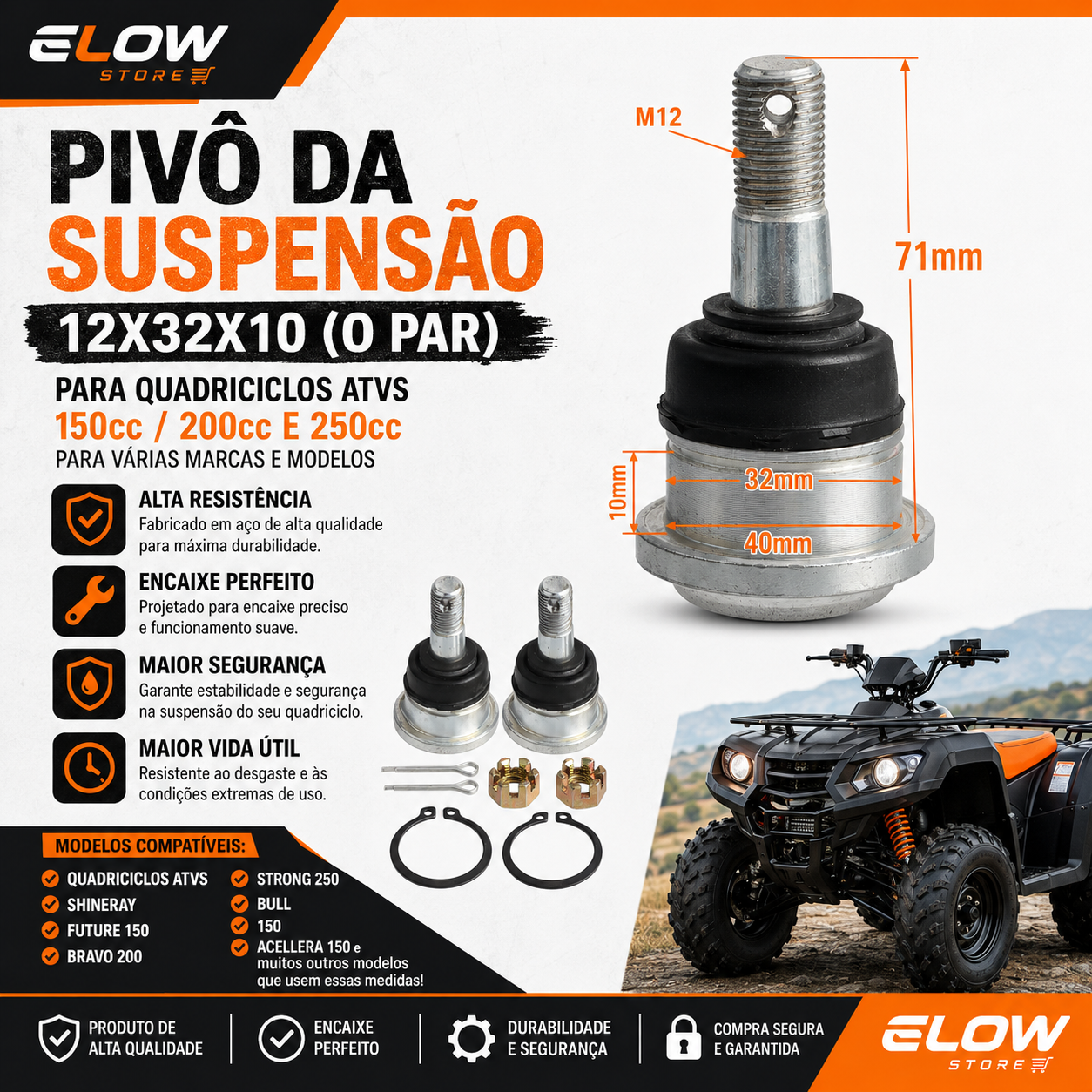 Pivô Suspensão 12x32x10 (Par) Quadriciclos Atvs 150/200/250