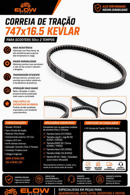 Correia Tração 747x16.5 Kevlar Para Scooters 50cc 2 Tempos Com Cárter Longo