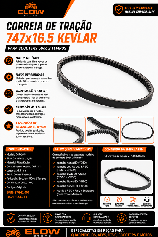 Correia Tração 747x16.5 Kevlar Para Scooters 50cc 2 Tempos Com Cárter Longo