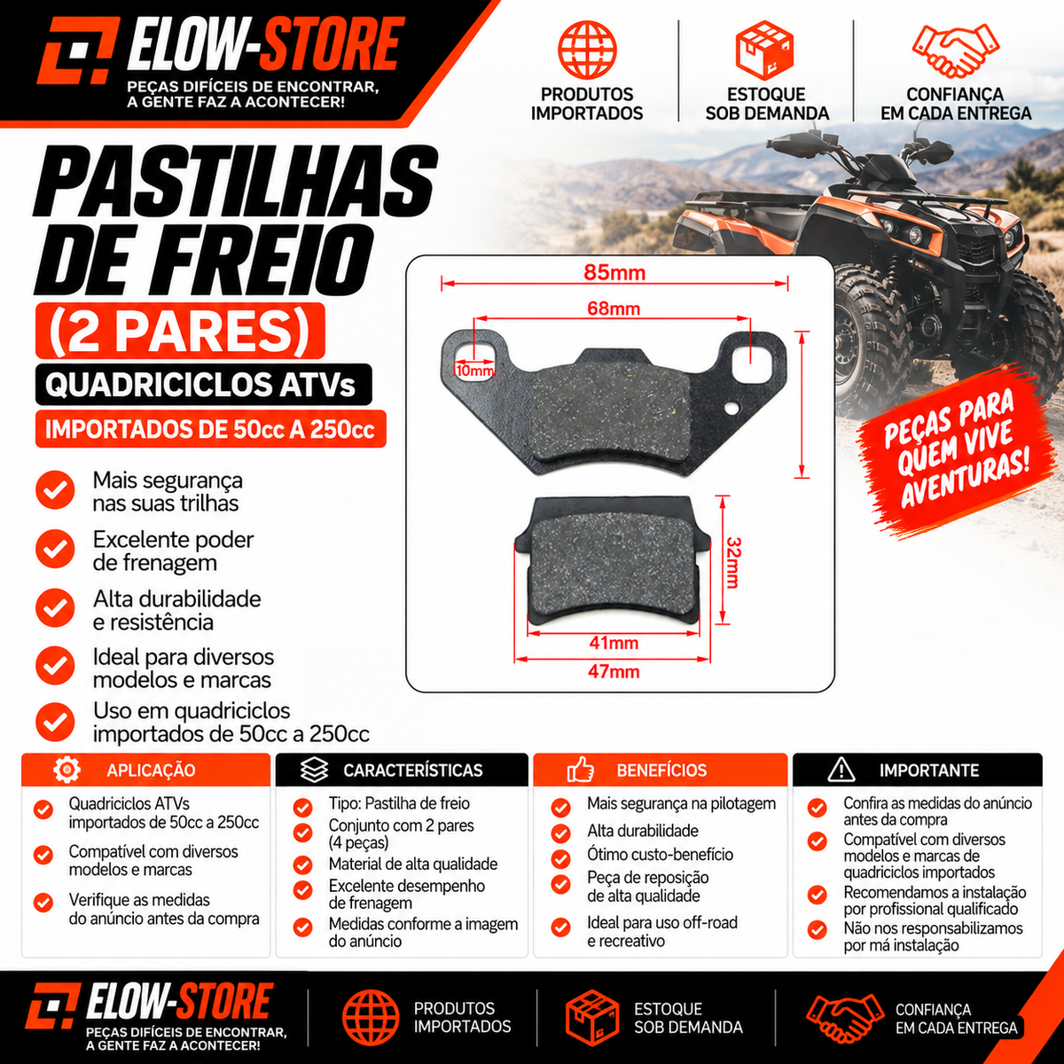 Pastilhas de Freio (2 Pares) Quadriciclos Atvs Importados de 50cc a 250cc