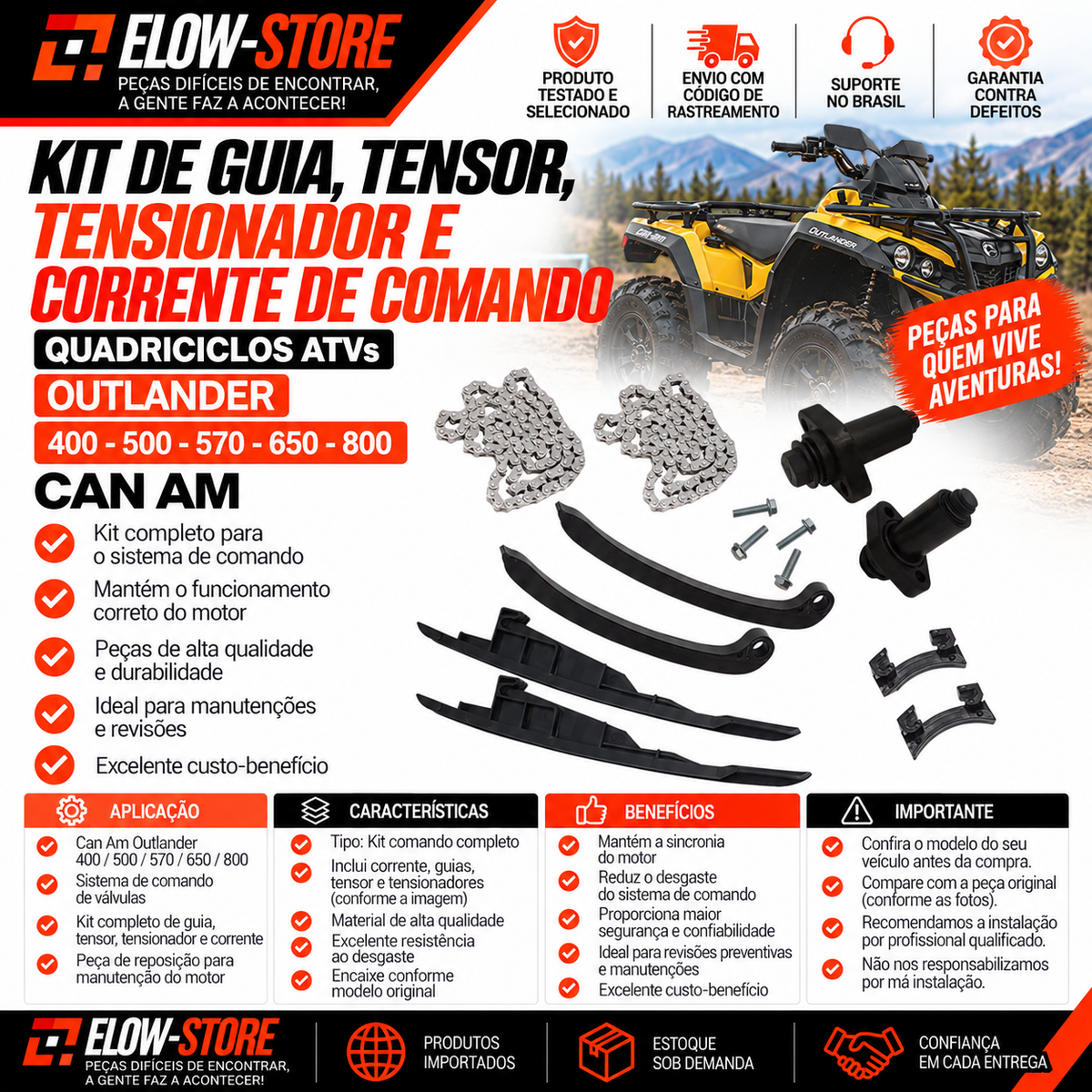 Kit de Guia, Tensor, Tensionador e Corrente de Comando Quadriciclos Atvs Outlander 400-500-570-650-800 Can Am