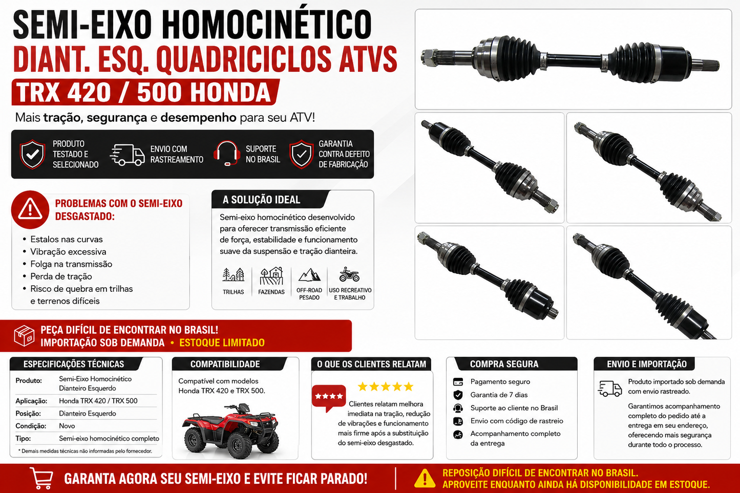 Semi-Eixo Homocinético Diant. Esq. Quadriciclos Atvs TRX 420/520 Honda