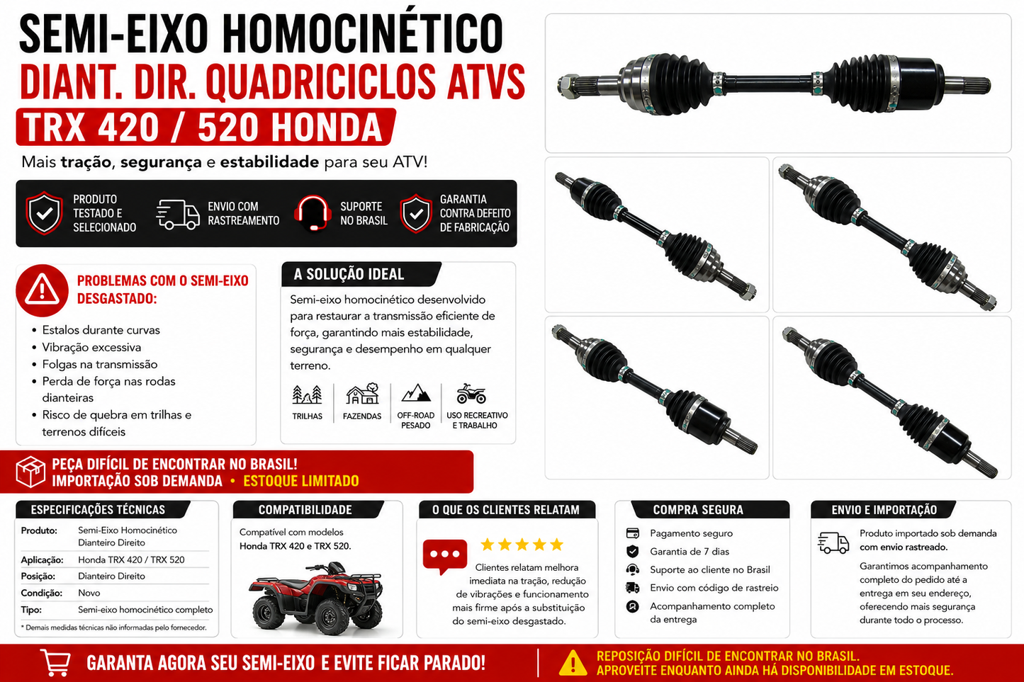 Semi-Eixo Homocinético Diant. Dir. Quadriciclos Atvs TRX 420/520 Honda
