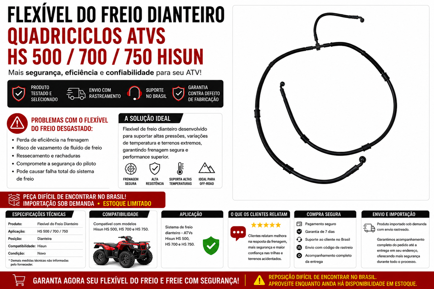 Flexível do Freio Dianteiro Quadriciclos Atvs HS 500/700/750 Hisun