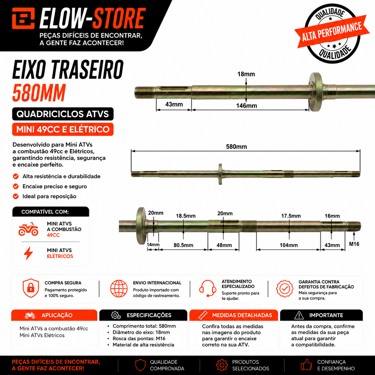Eixo Traseiro Quadriciclos Atvs Mini 49cc e Elétrico de 580mm