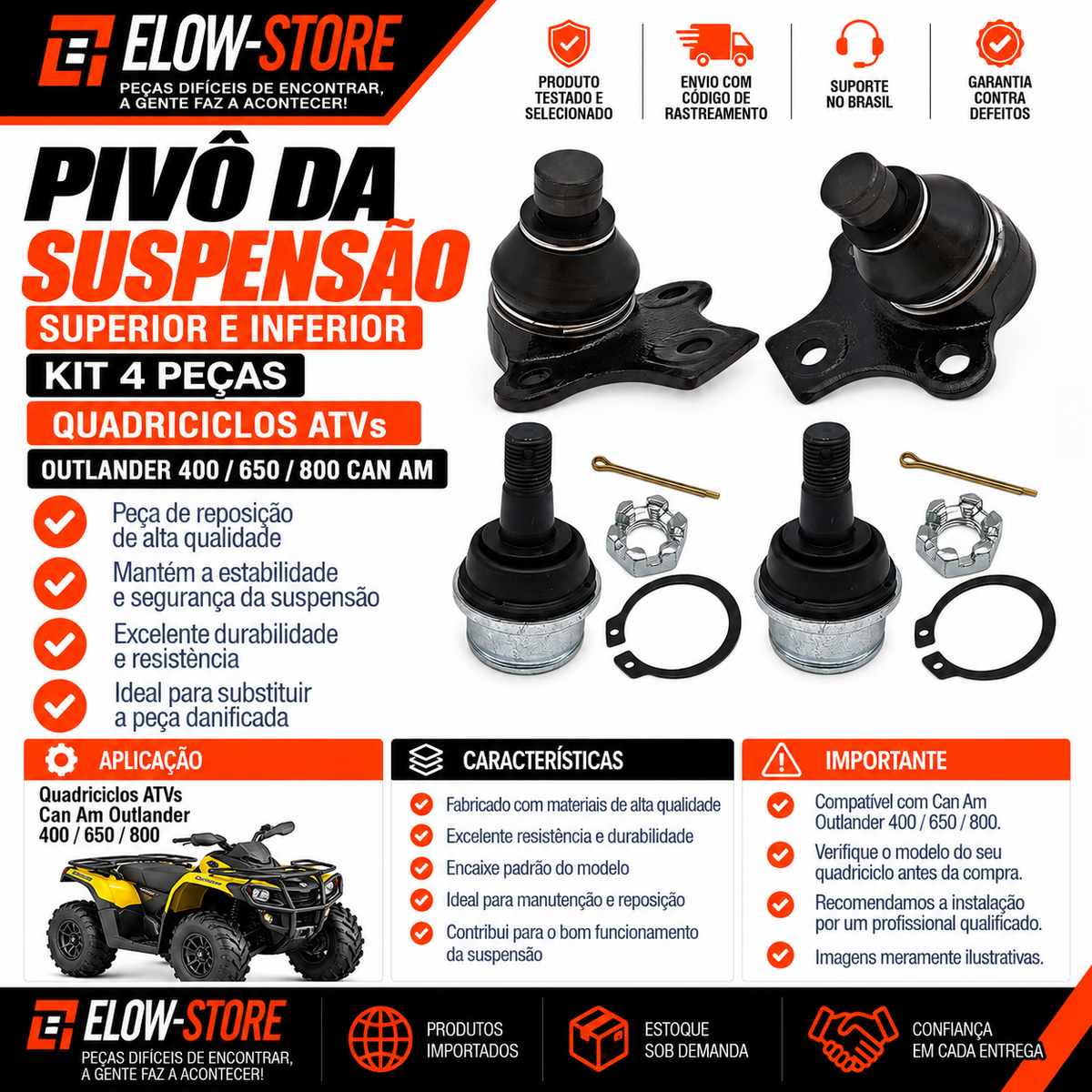 Pivô da Suspensão Superior e Inferior (Kit 4 Pçs.)Quadriciclos Atvs Outlander 400/ 650/ 800 Can Am