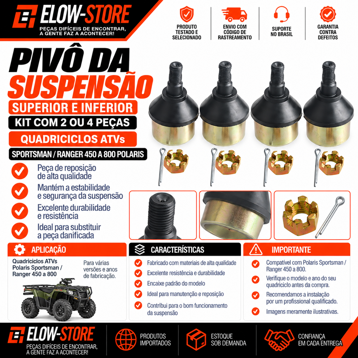 Pivô da Suspensão Superior e Inferior (Kit C/ 2 ou 4 Pçs.)Quadriciclos Atvs Sportsman/ Ranger 450 a 800 Polaris