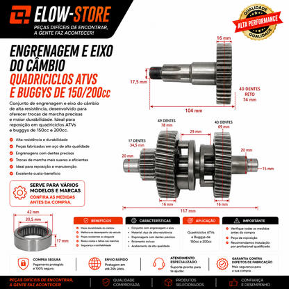 Engrenagem e Eixo do Cambio Quadriciclos Atvs e Buggys de 150/200cc