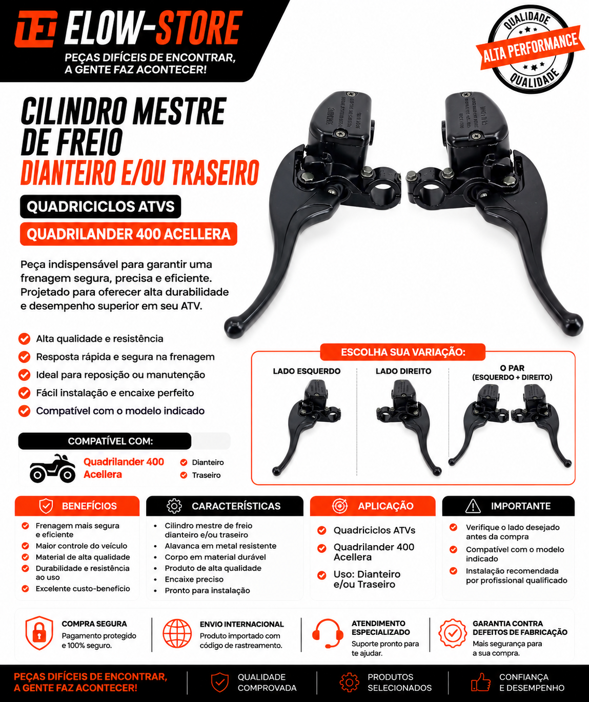 Cilindro Mestre de Freio Dianteiro e ou Traseiro Quadriciclos Atvs Quadrilander 400 Acellera