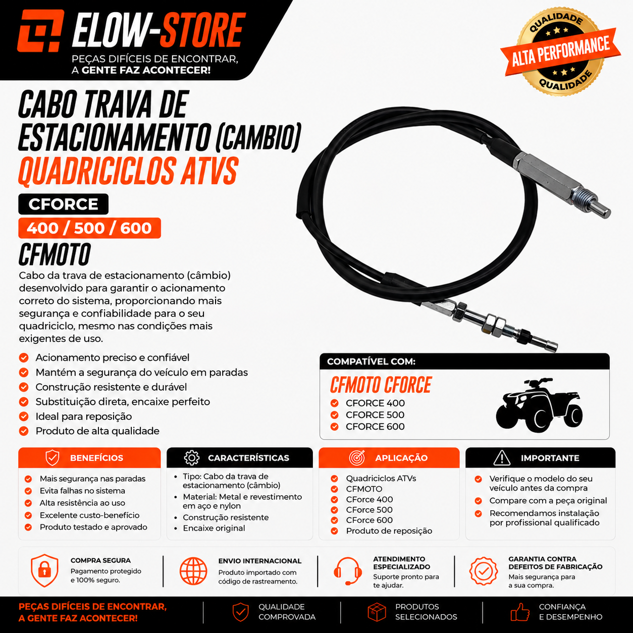 Cabo Trava de Estacionamento (Cambio) Quadriciclos Atvs CForce 400/500/600 CFmoto