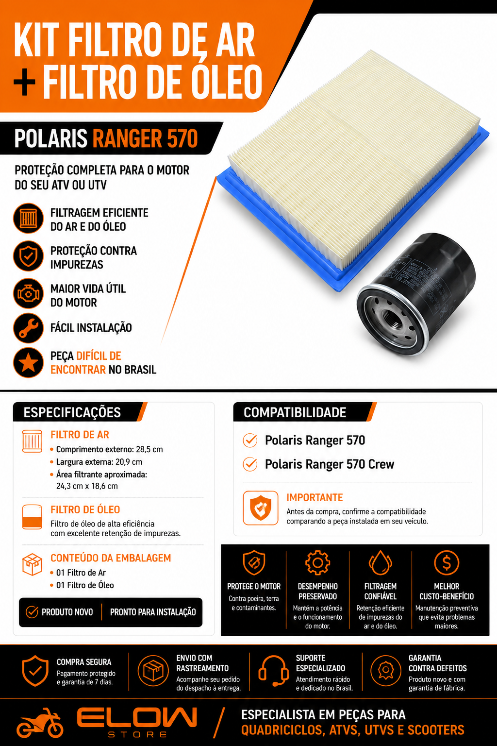 Kit de Filtro do Óleo e Filtro do Ar Quadriciclos Atvs/Utvs Ranger 570 Polaris