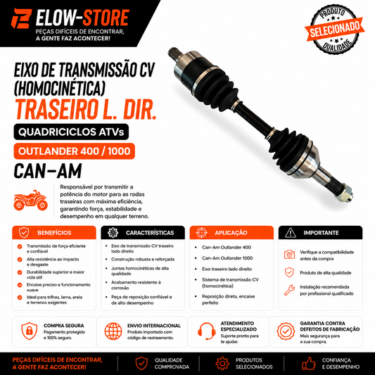 Eixo de Transmissão CV (Homocinetica) Traseiro L. Dir. Quadriciclos Atvs Outlander 400/ 1000 Can-Am
