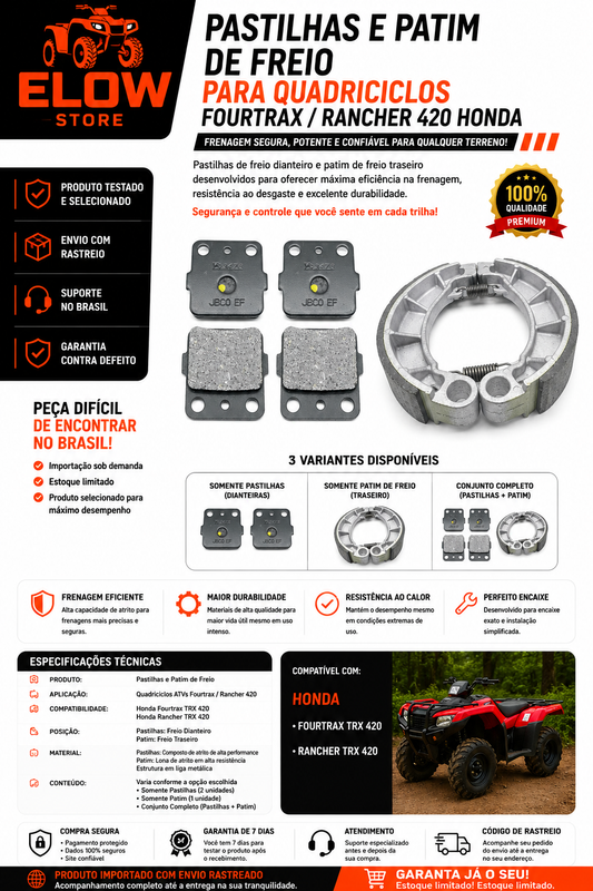 Pastilhas e Patim de Freio Quadriciclos Atvs Fourtrax/ Rancher 420 Honda