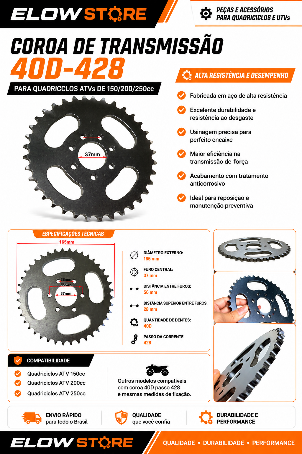 Coroa de Transmissão 40D-428 para Quadriciclos Atvs de 150/200/250cc