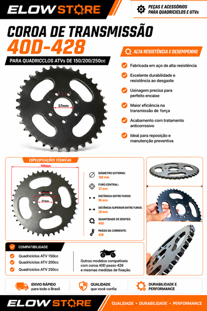 Coroa de Transmissão 40D-428 para Quadriciclos Atvs de 150/200/250cc