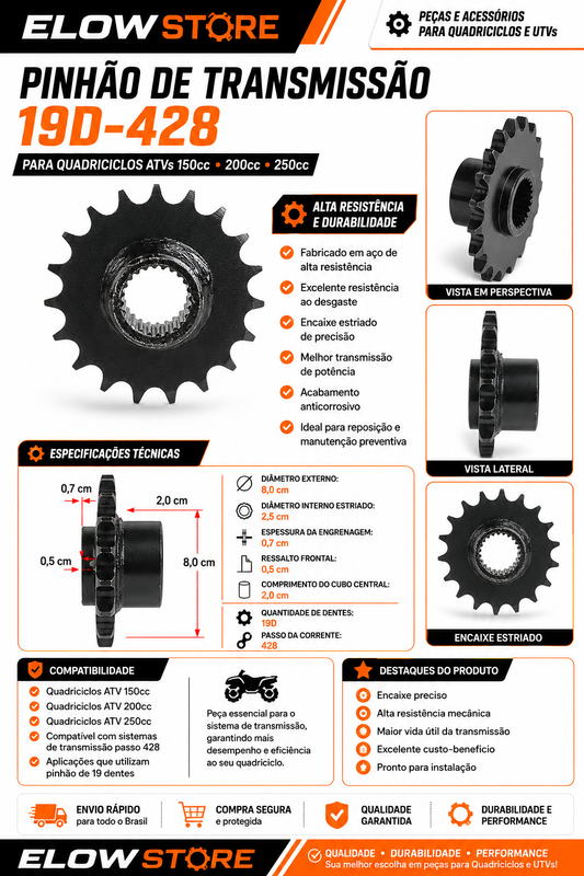 Pinhão de Transmissão 19D/428 para Quadriciclos Atvs 150/200/250cc